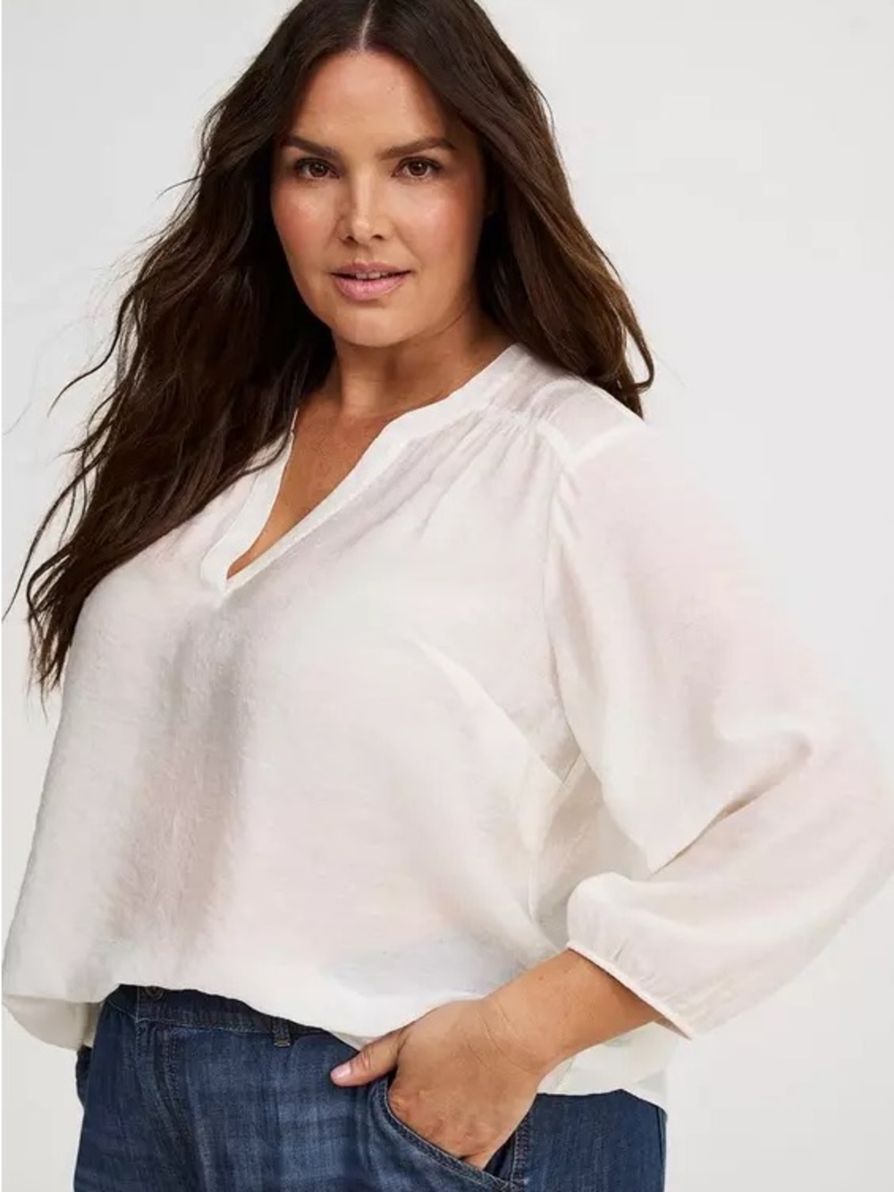 Women's Ivory V-Neck Peasant Blouse